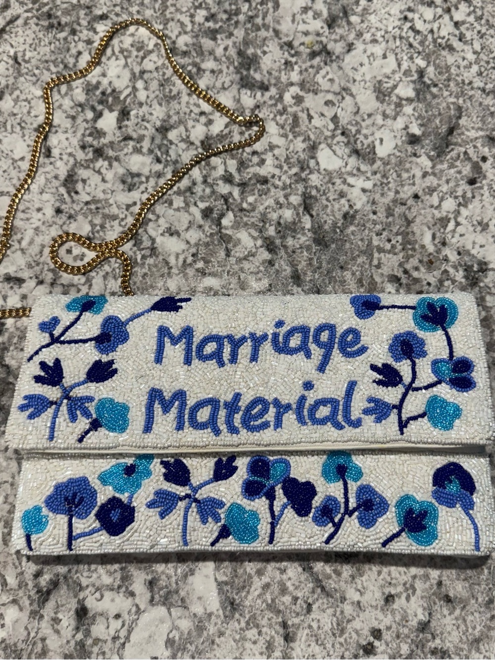 Francesca's Collections White Beaded Clutch with Blue Floral Accents